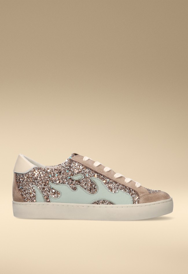 Zapatillas GAMIN Dopamine mujer glitter taupe y verde – sneaker premium piel y serraje