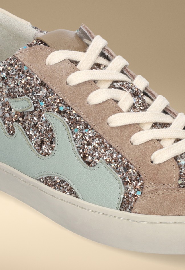 Zapatillas GAMIN Dopamine mujer glitter taupe y verde – sneaker premium piel y serraje