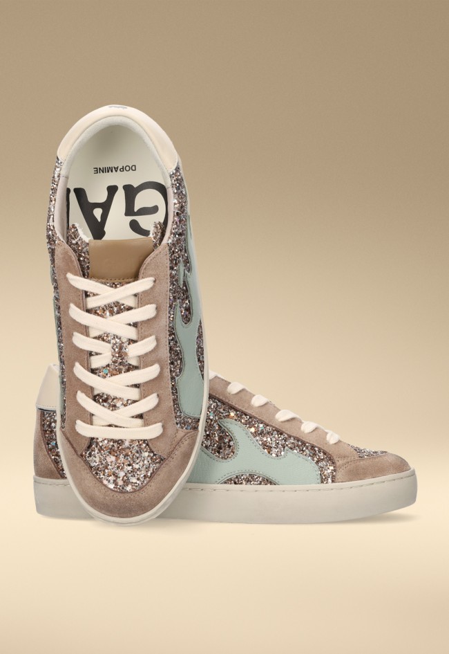 Zapatillas GAMIN Dopamine mujer glitter taupe y verde – sneaker premium piel y serraje