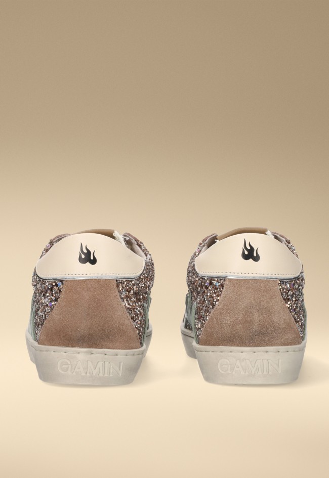 Zapatillas GAMIN Dopamine mujer glitter taupe y verde – sneaker premium piel y serraje