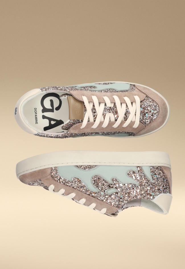 Zapatillas GAMIN Dopamine mujer glitter taupe y verde – sneaker premium piel y serraje
