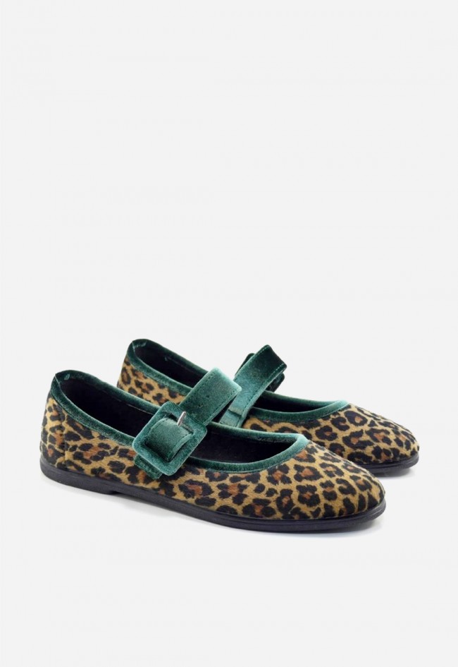 Merceditas Macarena Rania 25 leopardo – bailarina de terciopelo con hebilla y plantilla extraíble