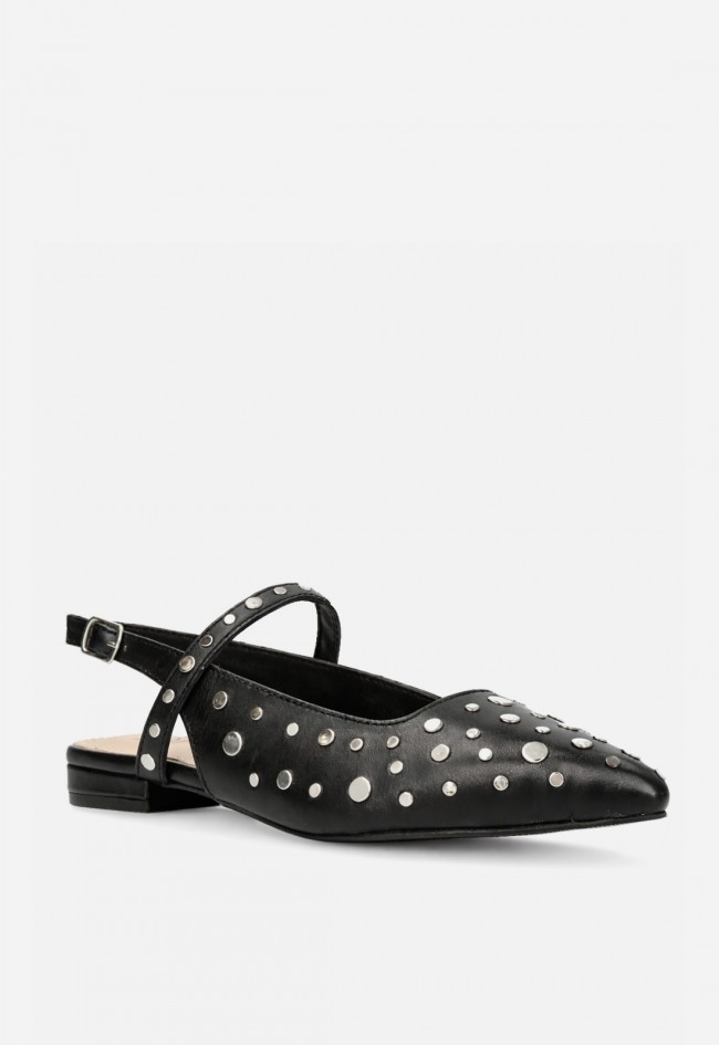 Bailarinas destalonadas TOP3 SF1579 negras de piel con tachas – zapato mujer con hebilla
