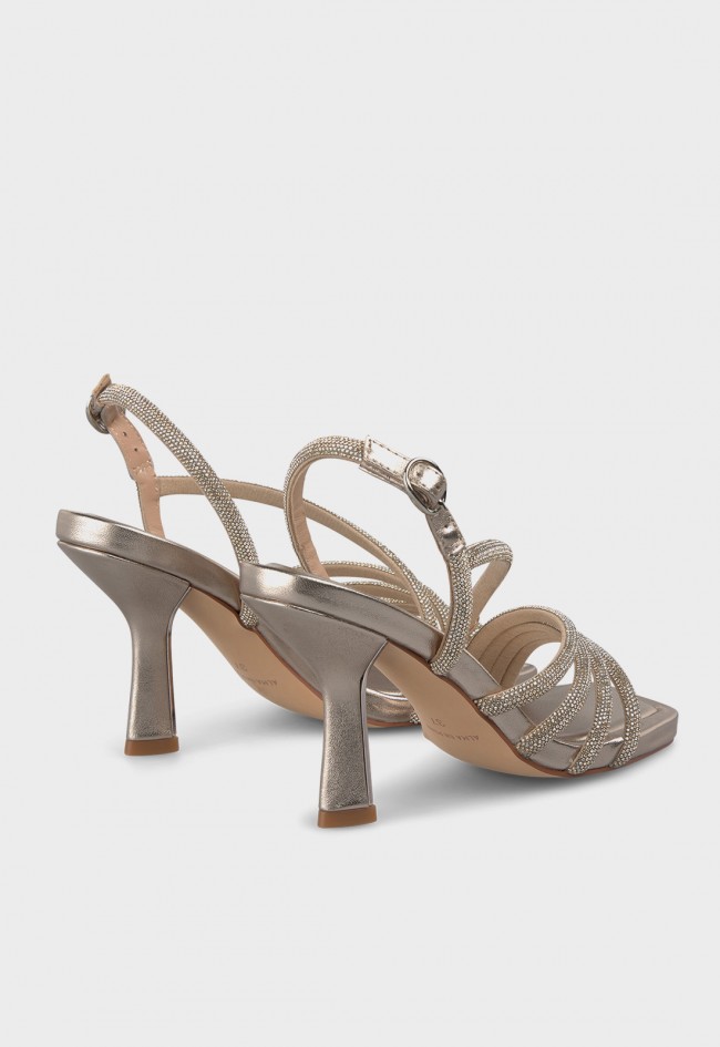 Sandalias Alma en Pena Diva Bronze de tacón alto metalizado con tiras brillantes elegantes
