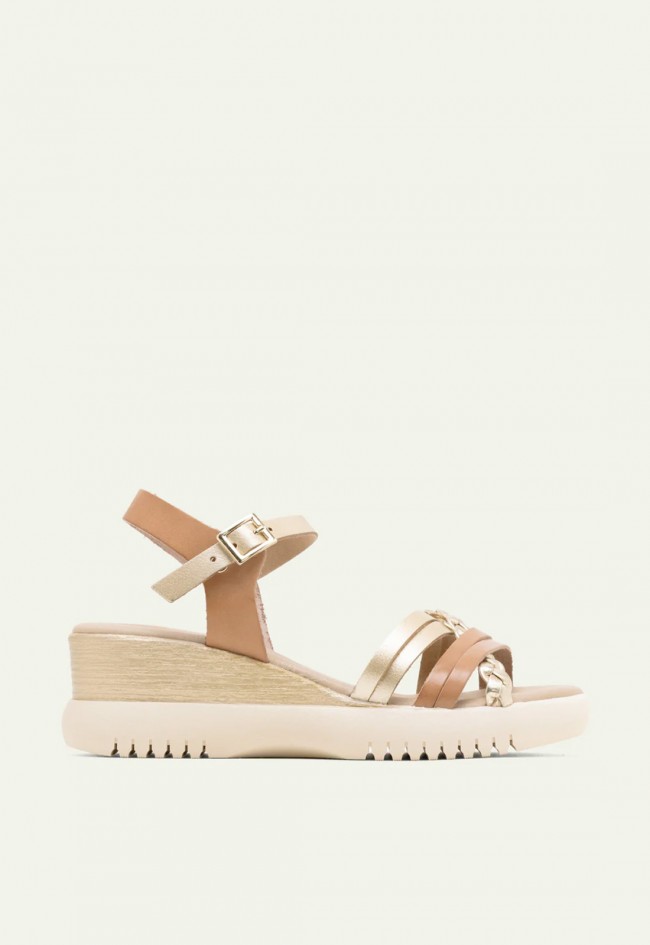 Sandalias de cuña de piel Porronet Emma taupe oro: altura cómoda con estilo natural