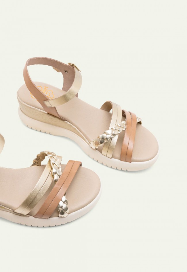 Sandalias de cuña de piel Porronet Emma taupe oro: altura cómoda con estilo natural