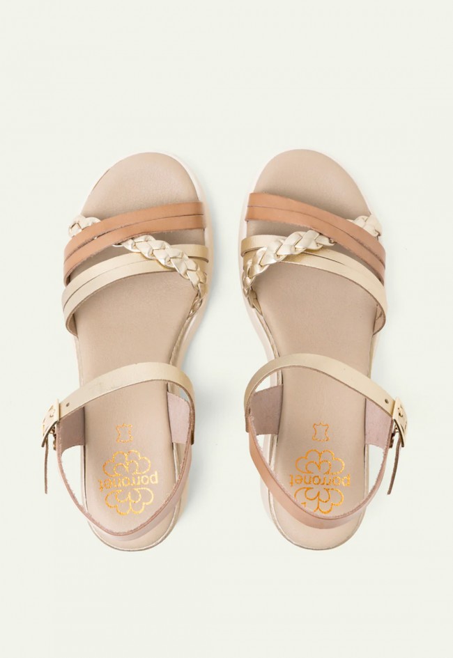 Sandalias de cuña de piel Porronet Emma taupe oro: altura cómoda con estilo natural