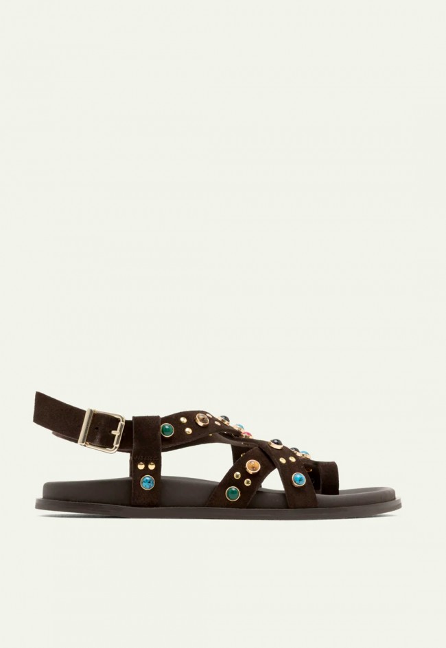 Sandalia plana moka con pedrería multicolor Porronet Hazel – estilo artesanal y boho chic