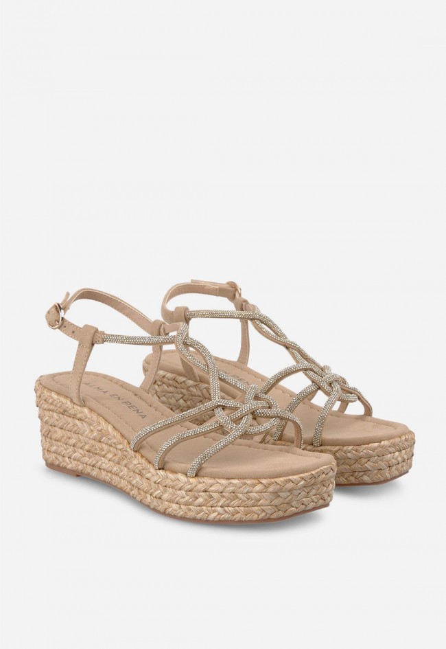 Sandalia de cuña Alma en Pena 50752 arena con tiras brillantes entrelazadas