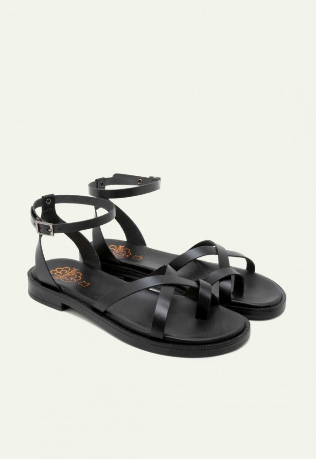 Sandalia plana esclava negra de piel Porronet Cecilia artesanal