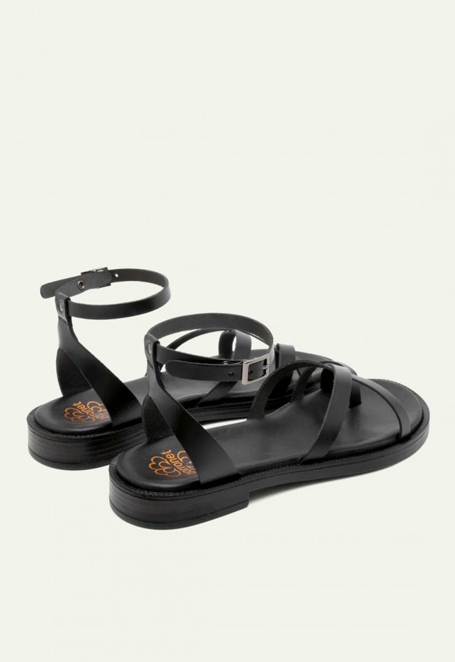 Sandalia plana esclava negra de piel Porronet Cecilia artesanal