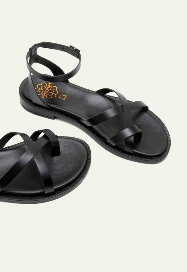 Sandalia plana esclava negra de piel Porronet Cecilia artesanal