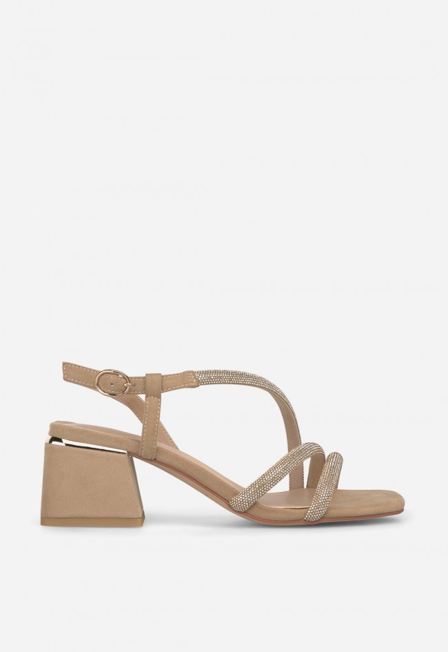 Sandalia de tacón ancho Alma en Pena arena con tiras brillantes de mujer
