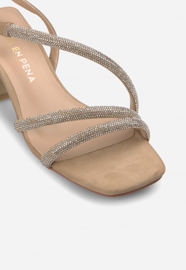 Sandalia de tacón ancho Alma en Pena arena con tiras brillantes de mujer