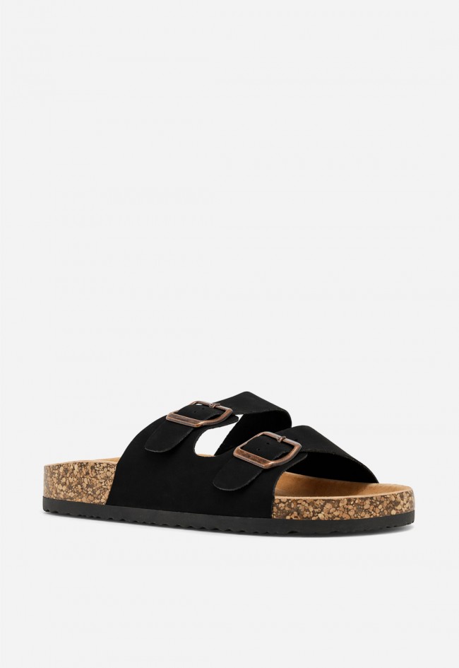 Sandalia bio negra de doble hebilla para mujer Why Pink?, básica con estilo para cada día