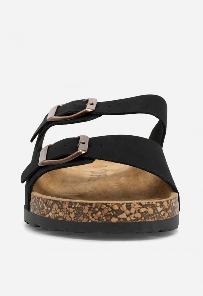 Sandalia bio negra de doble hebilla para mujer Why Pink?, básica con estilo para cada día