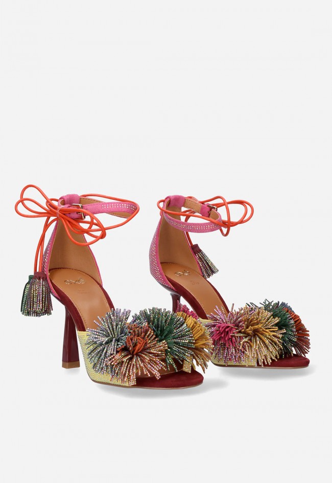 Sandalia de tacón EXE Jenifer-725 rosa y amarillo con pompones brillantes para invitada con estilo
