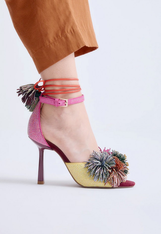 Sandalia de tacón EXE Jenifer-725 rosa y amarillo con pompones brillantes para invitada con estilo
