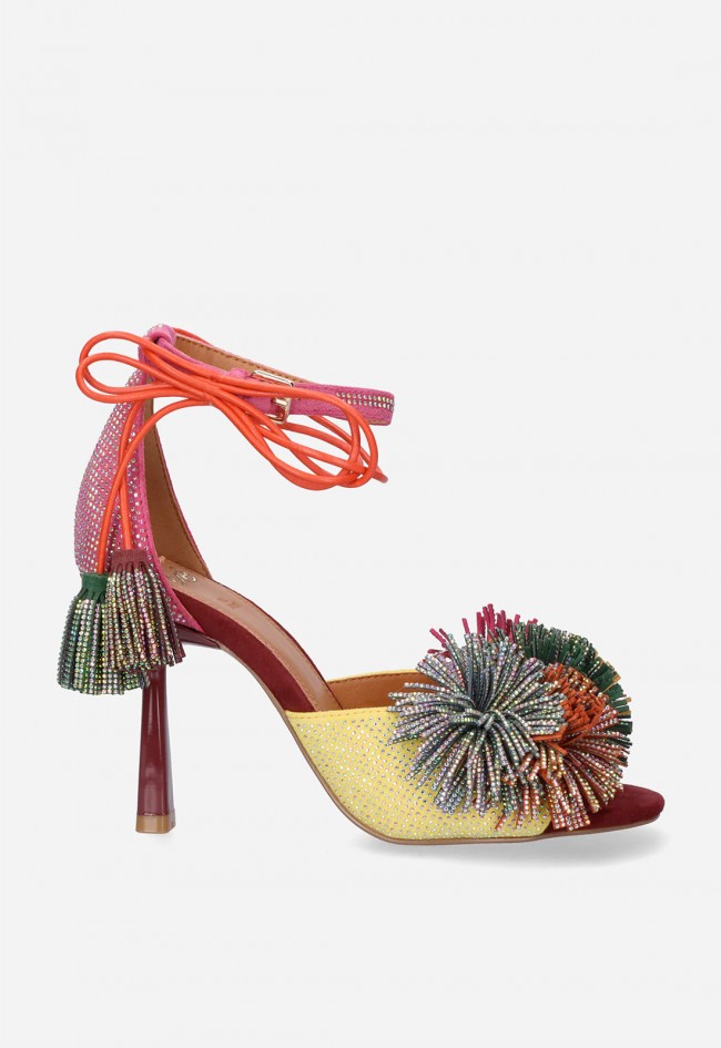 Sandalia de tacón EXE Jenifer-725 rosa y amarillo con pompones brillantes para invitada con estilo