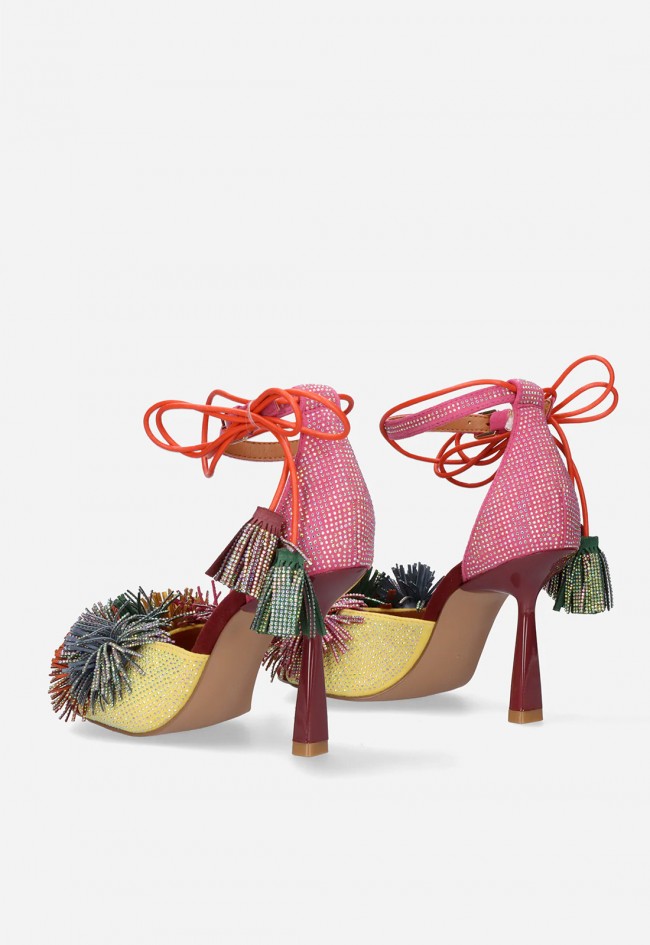 Sandalia de tacón EXE Jenifer-725 rosa y amarillo con pompones brillantes para invitada con estilo