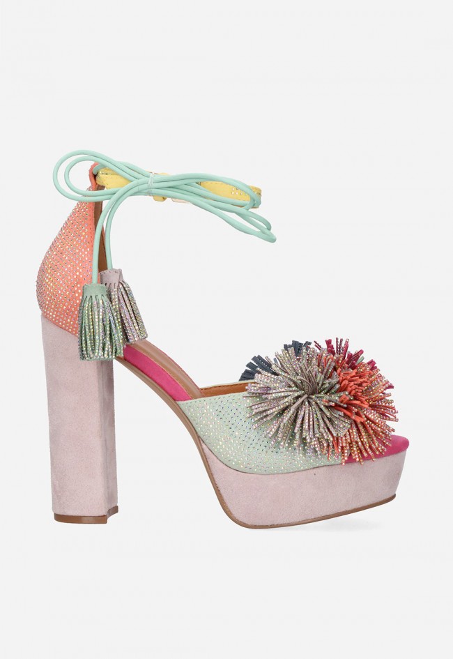 Sandalia de tacón y plataforma EXE Ophelia-925 naranja y verde – color, brillo y estilo de fiesta