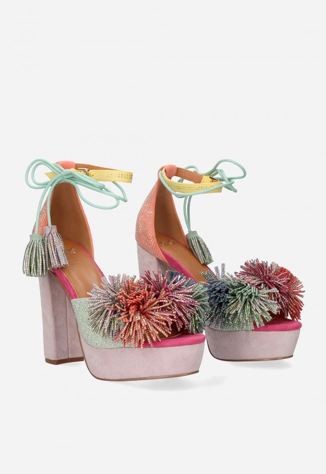 Sandalia de tacón y plataforma EXE Ophelia-925 naranja y verde – color, brillo y estilo de fiesta