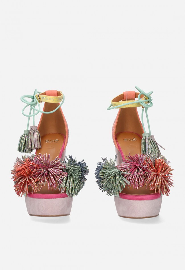 Sandalia de tacón y plataforma EXE Ophelia-925 naranja y verde – color, brillo y estilo de fiesta