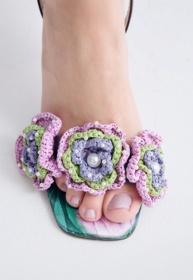 Sandalia de tacón EXE Anita-116 verde y negro con flores – elegancia que cautiva