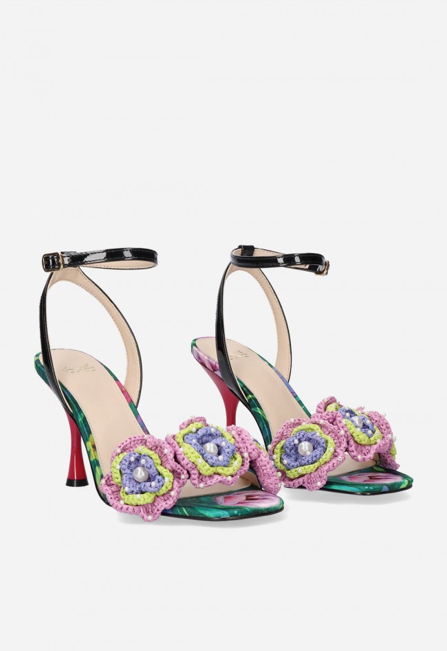 Sandalia de tacón EXE Anita-116 verde y negro con flores – elegancia que cautiva