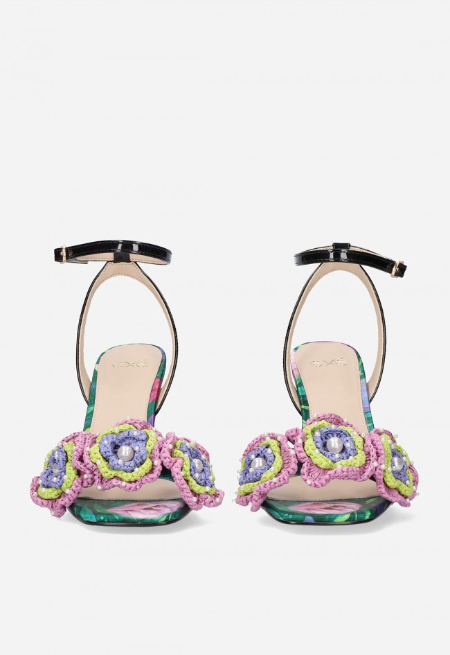 Sandalia de tacón EXE Anita-116 verde y negro con flores – elegancia que cautiva