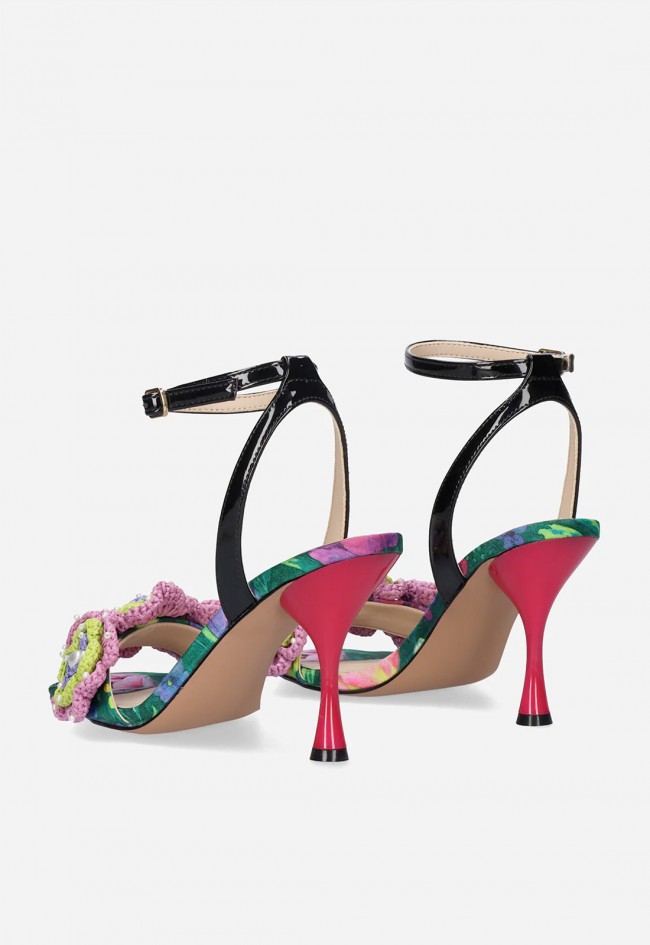 Sandalia de tacón EXE Anita-116 verde y negro con flores – elegancia que cautiva
