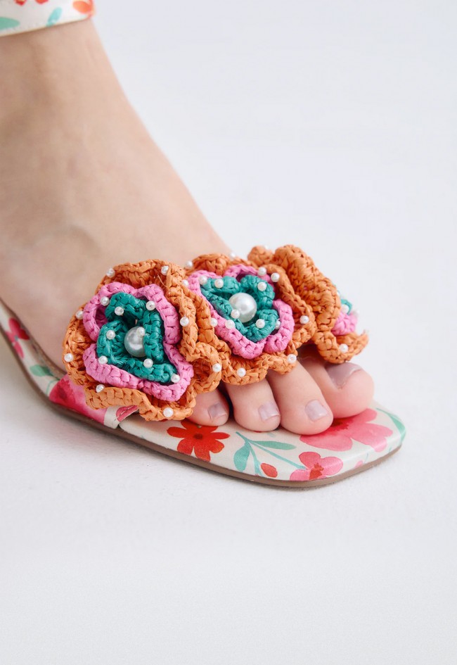 Sandalia de tacón bajo mujer EXE Capri-400 Flower amarillo y naranja – frescura floral con estilo