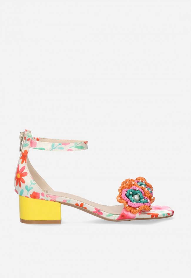 Sandalia de tacón bajo mujer EXE Capri-400 Flower amarillo y naranja – frescura floral con estilo