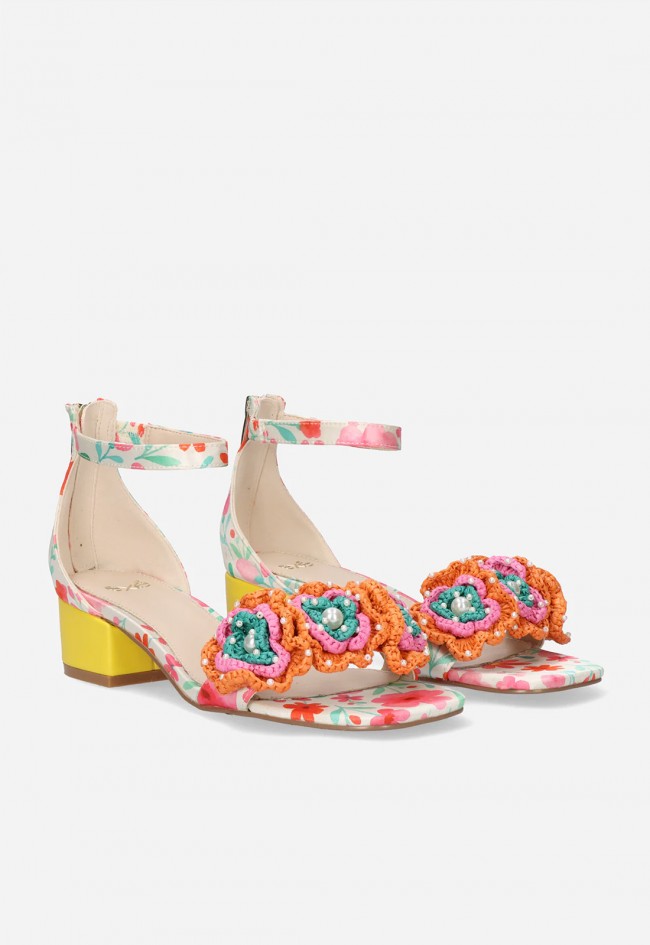 Sandalia de tacón bajo mujer EXE Capri-400 Flower amarillo y naranja – frescura floral con estilo