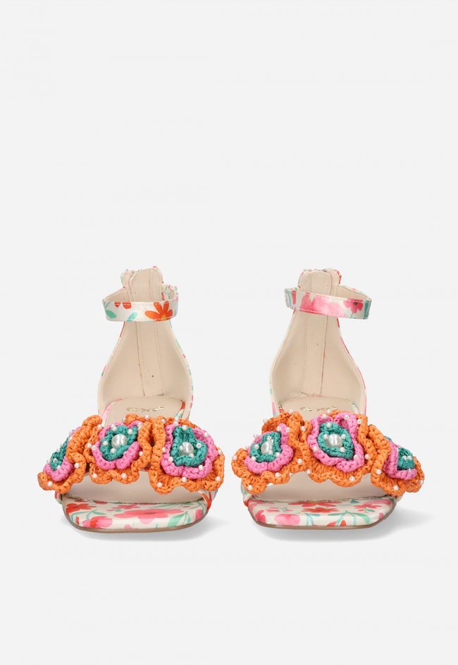 Sandalia de tacón bajo mujer EXE Capri-400 Flower amarillo y naranja – frescura floral con estilo