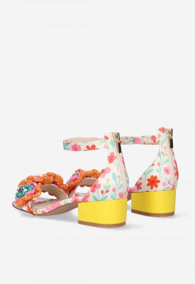 Sandalia de tacón bajo mujer EXE Capri-400 Flower amarillo y naranja – frescura floral con estilo