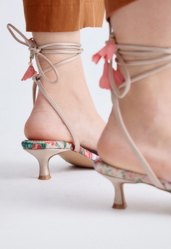Sandalia de tacón bajo mujer EXE Kimberly-118 Flower beige y rosa – delicadeza floral para brillar
