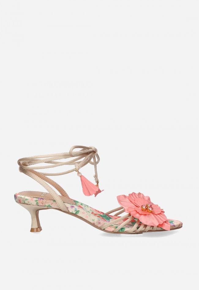 Sandalia de tacón bajo mujer EXE Kimberly-118 Flower beige y rosa – delicadeza floral para brillar