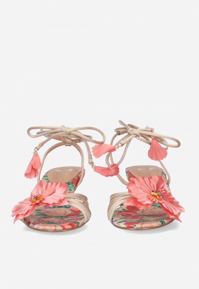 Sandalia de tacón bajo mujer EXE Kimberly-118 Flower beige y rosa – delicadeza floral para brillar