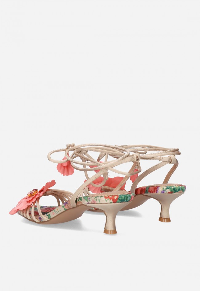 Sandalia de tacón bajo mujer EXE Kimberly-118 Flower beige y rosa – delicadeza floral para brillar