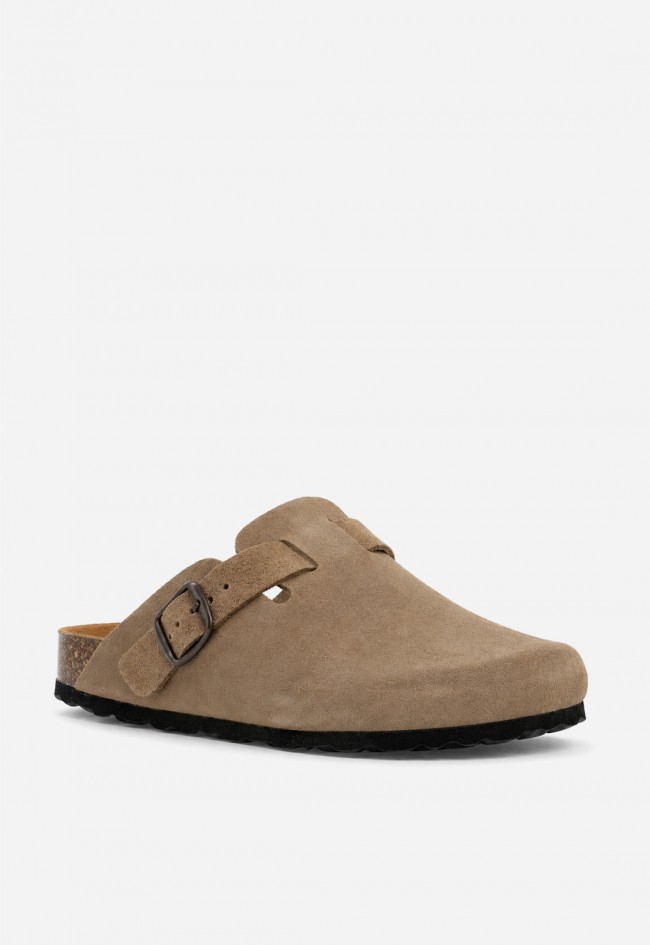 Zueco bio de mujer en piel serraje taupe con hebilla — estilo relajado y comfy a la última VAS 355
