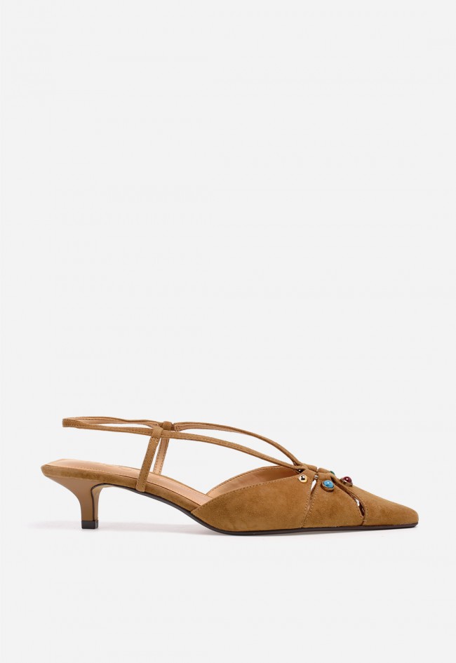 Zapato destalonado de mujer VAS JM1332 en piel color cuero – detalle joya chic