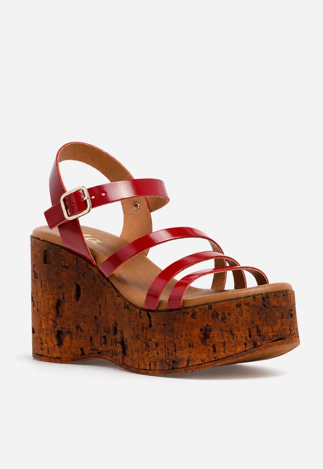 Sandalia mujer piel roja GLO 170659 – plataforma efecto corcho y estilo retro chic