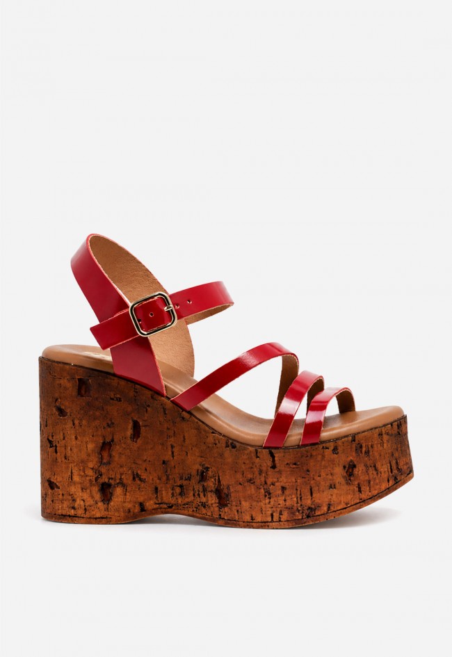 Sandalia mujer piel roja GLO 170659 – plataforma efecto corcho y estilo retro chic