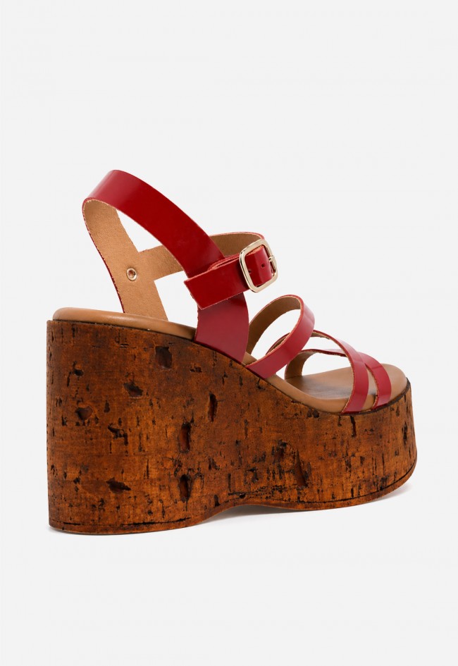 Sandalia mujer piel roja GLO 170659 – plataforma efecto corcho y estilo retro chic