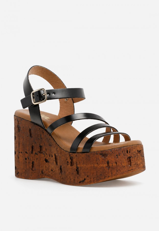 Sandalia mujer piel negra GLO 170659 – plataforma efecto corcho y estilo retro chic
