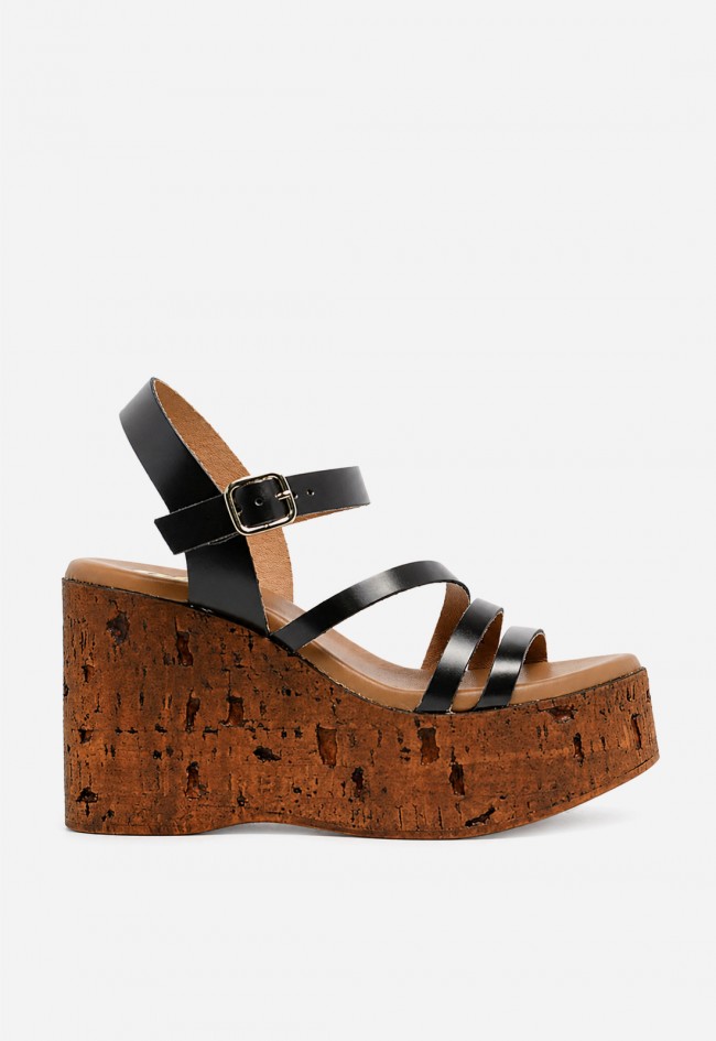 Sandalia mujer piel negra GLO 170659 – plataforma efecto corcho y estilo retro chic