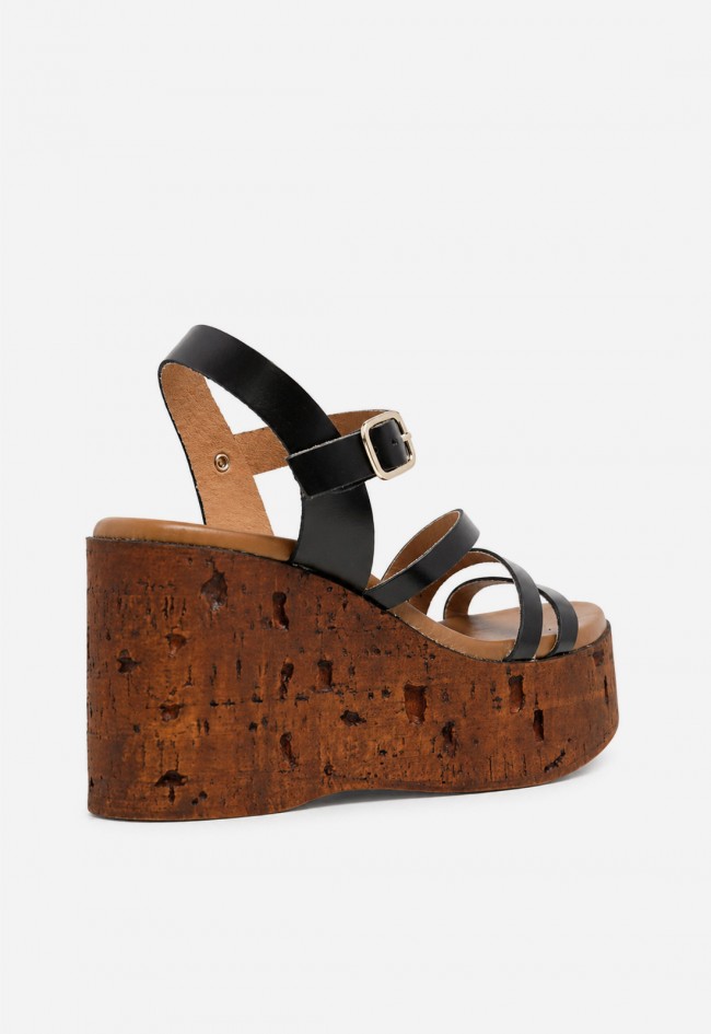 Sandalia mujer piel negra GLO 170659 – plataforma efecto corcho y estilo retro chic