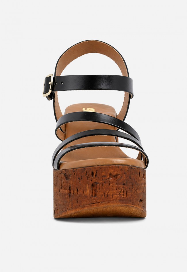Sandalia mujer piel negra GLO 170659 – plataforma efecto corcho y estilo retro chic