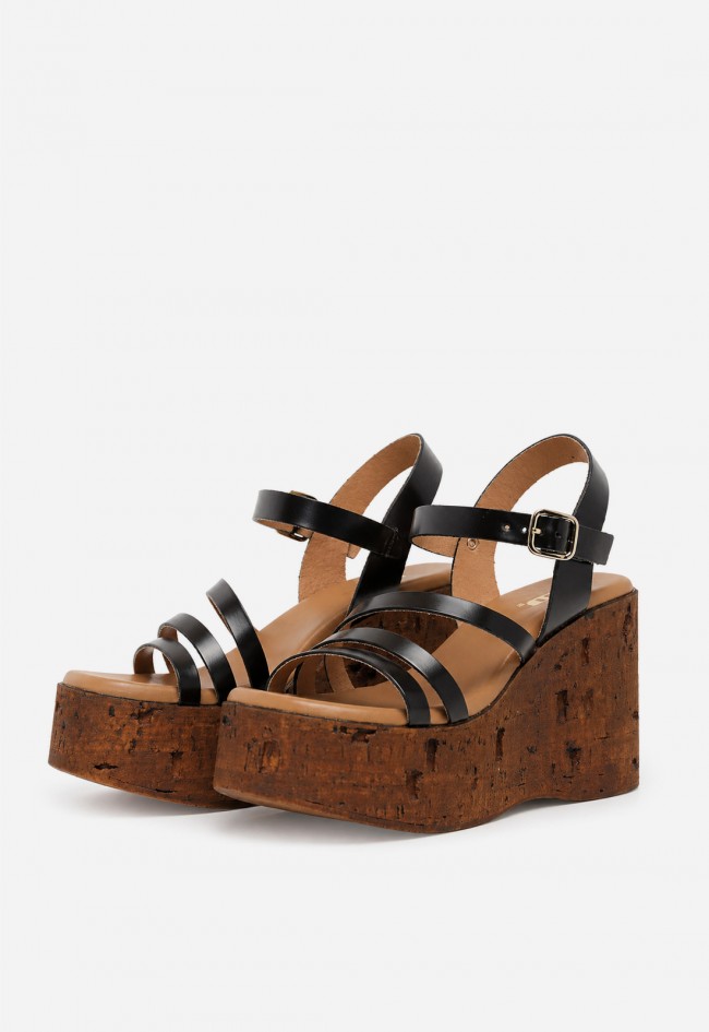 Sandalia mujer piel negra GLO 170659 – plataforma efecto corcho y estilo retro chic